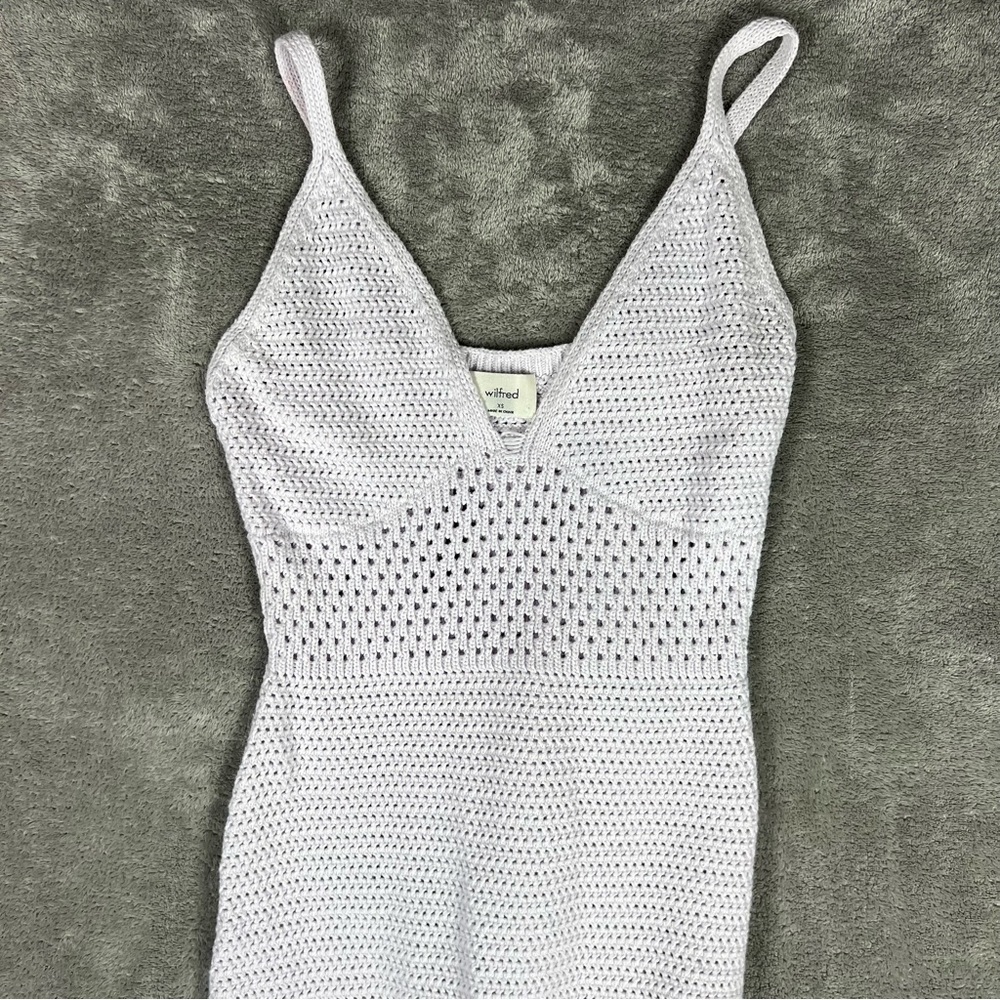 Aritzia Dress Womens XS Wilfred Evie Crochet Pastel Boho Whimsical Midi Lavender - Picture 2 of 12
